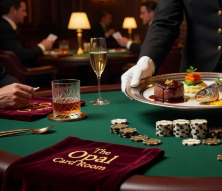 Fine dining dishes being served beside poker tables in the lounge