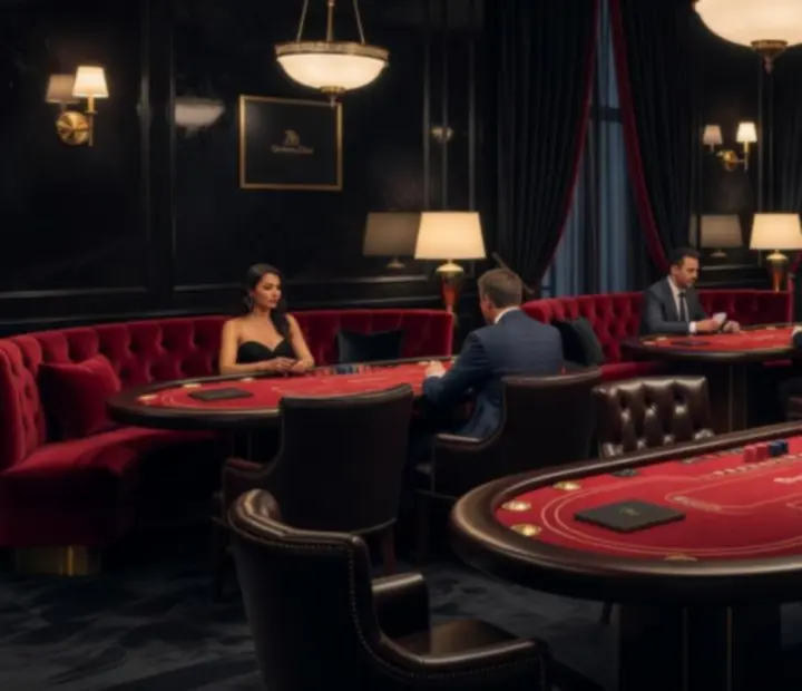 Interior of the Cinderand Chance offline poker lounge with crimson felt poker tables and soft brass lighting.