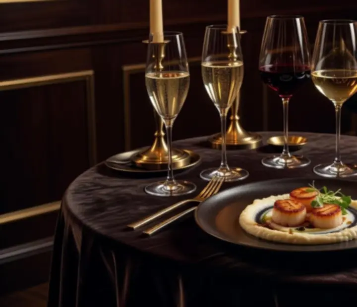 Fine dining dishes and wine pairings presented beside an elegant poker table