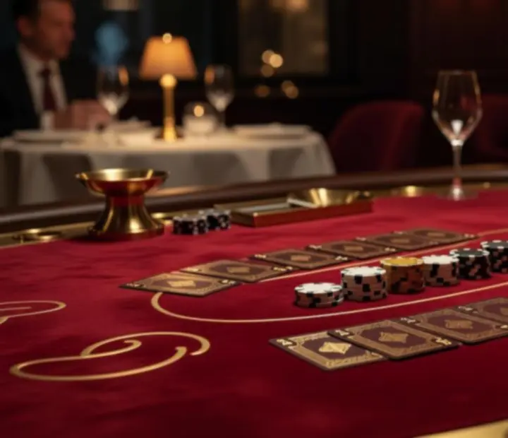 Detail of custom poker tables with crimson felt and brass trim at Cinderand Chance