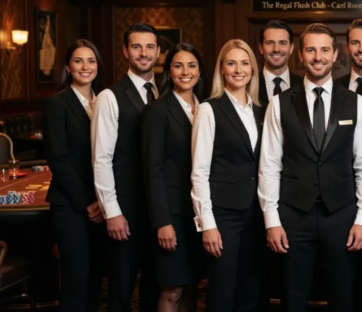 Professional dealer and hospitality team portrait in a poker lounge setting