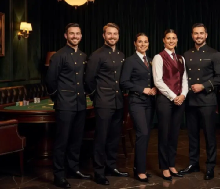 Hospitality team in a dark luxury dining room beside the card lounge
