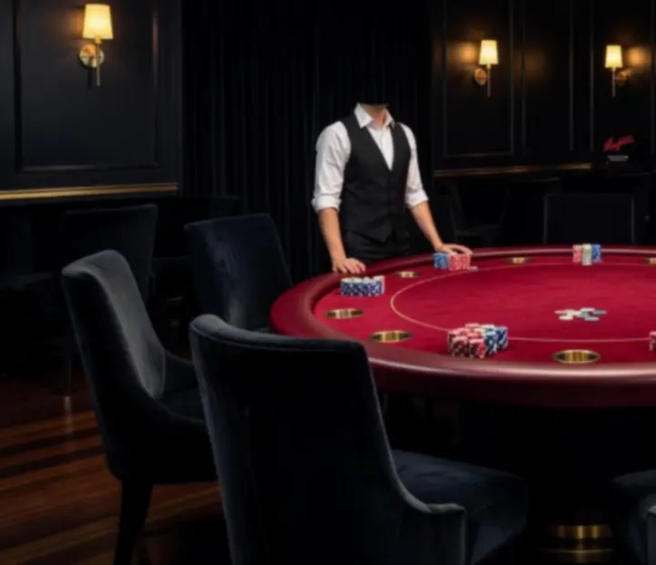 Executive offline poker lounge with custom poker tables and brass-lit card room setting