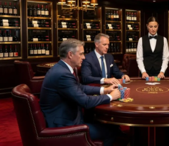 Executive poker showdown night with suited guests in a refined offline poker lounge.