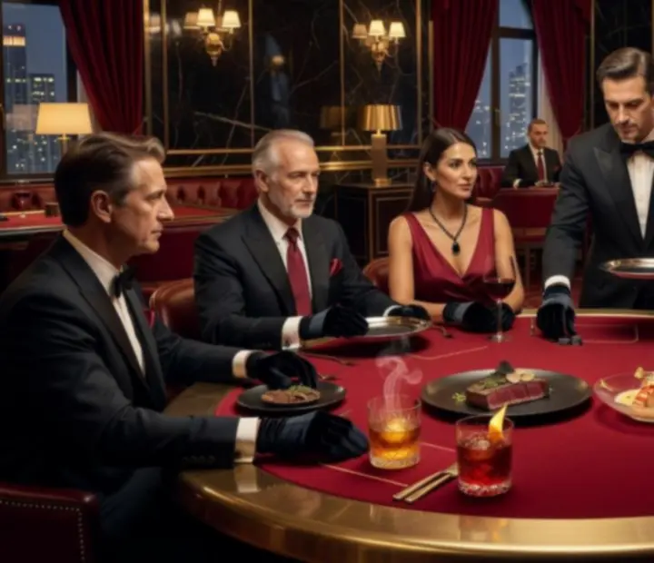 Fine dining plates and cocktails being served beside a poker table in the lounge.