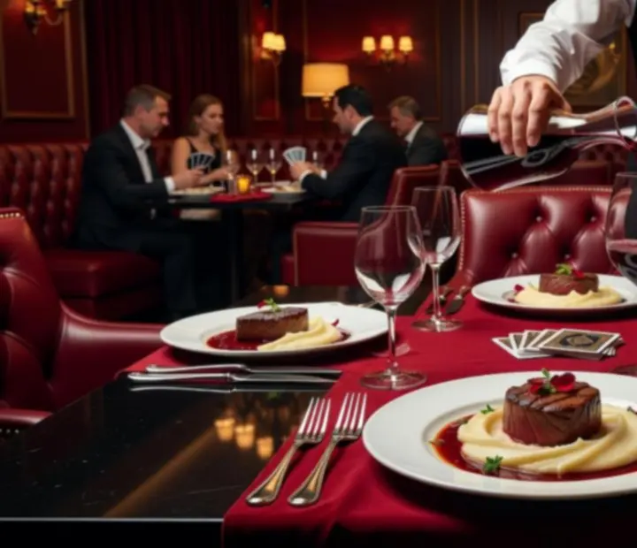 Fine dining wine service with glassware and plated courses at Cinderand Chance