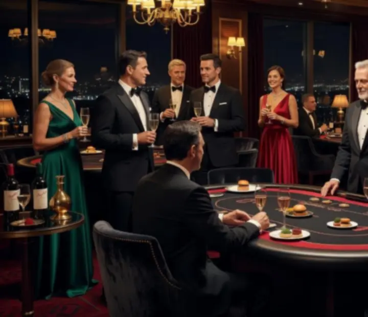Signature offline poker gala evening inside the Cinderand Chance card lounge with guests dining around poker tables.