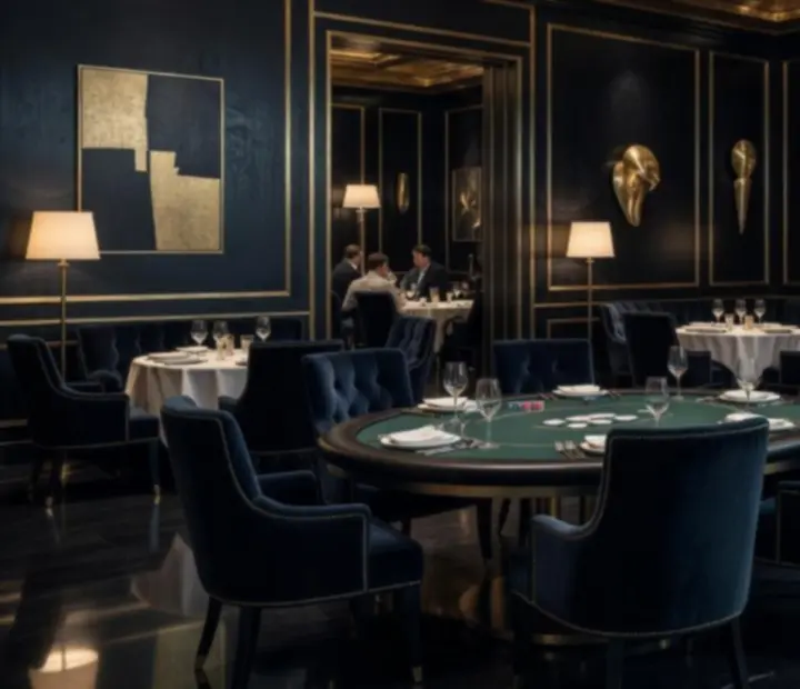 Card room interior with custom poker tables, velvet seating and warm brass lighting
