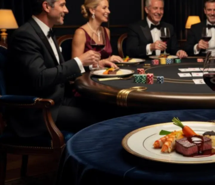 Gourmet tasting menu served beside a softly lit poker lounge table in the dining room