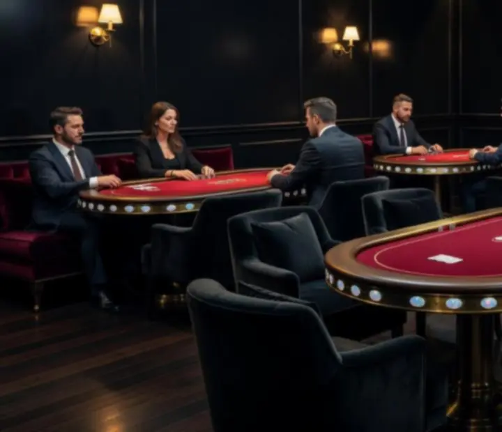 Interior of the Cinderand Chance offline poker lounge with custom poker tables and crimson felt details