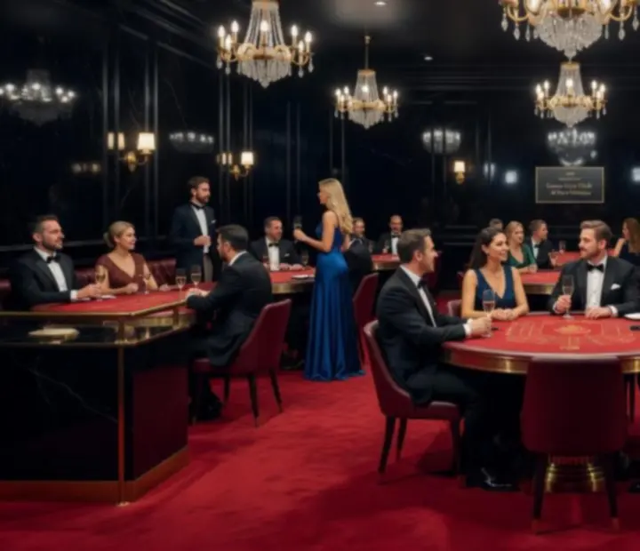Guests enjoying an offline poker gala in a dimly lit card lounge with fine dining tables
