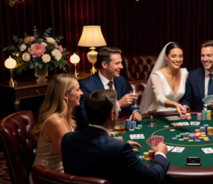 Wedding reception guests gathered around antique poker tables and velvet lounge seating